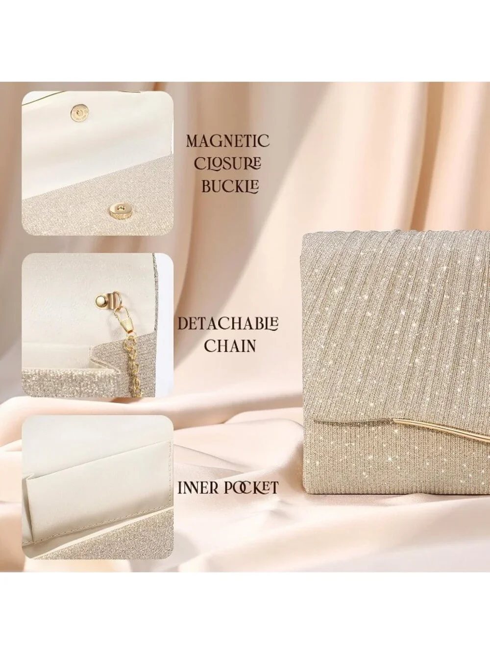 Women’s Champagne Formal Clutch Purse Elegant Evening Bag Detachable Chain Strap